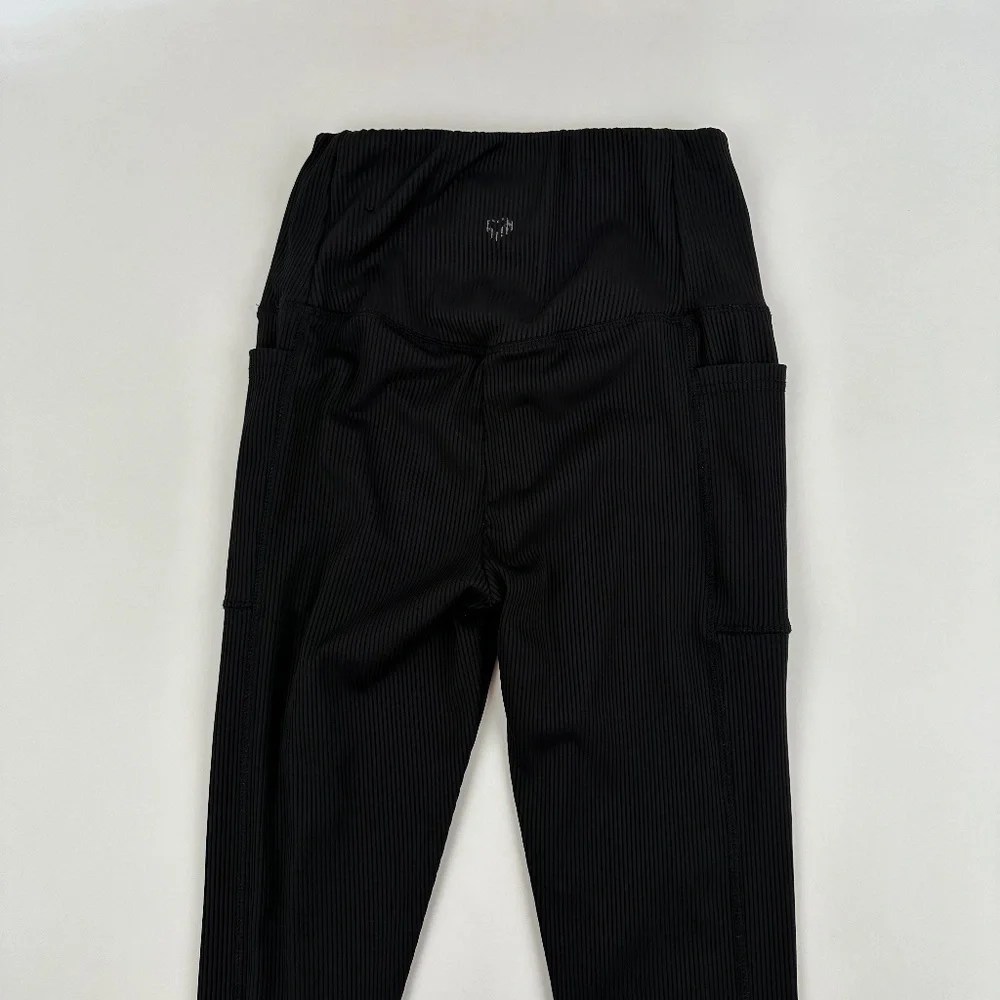 Leggings Womens Black Ribbed - Picture 8 of 9